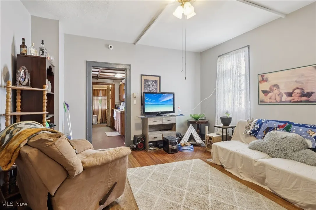 Living area featuring wood finished floors and a ceiling fan