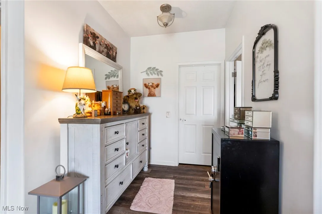 Hallway with dark wood-style flooring