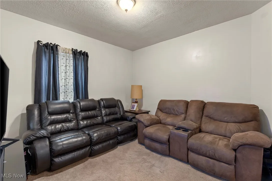 Living area featuring carpet flooring and a textured ceiling
