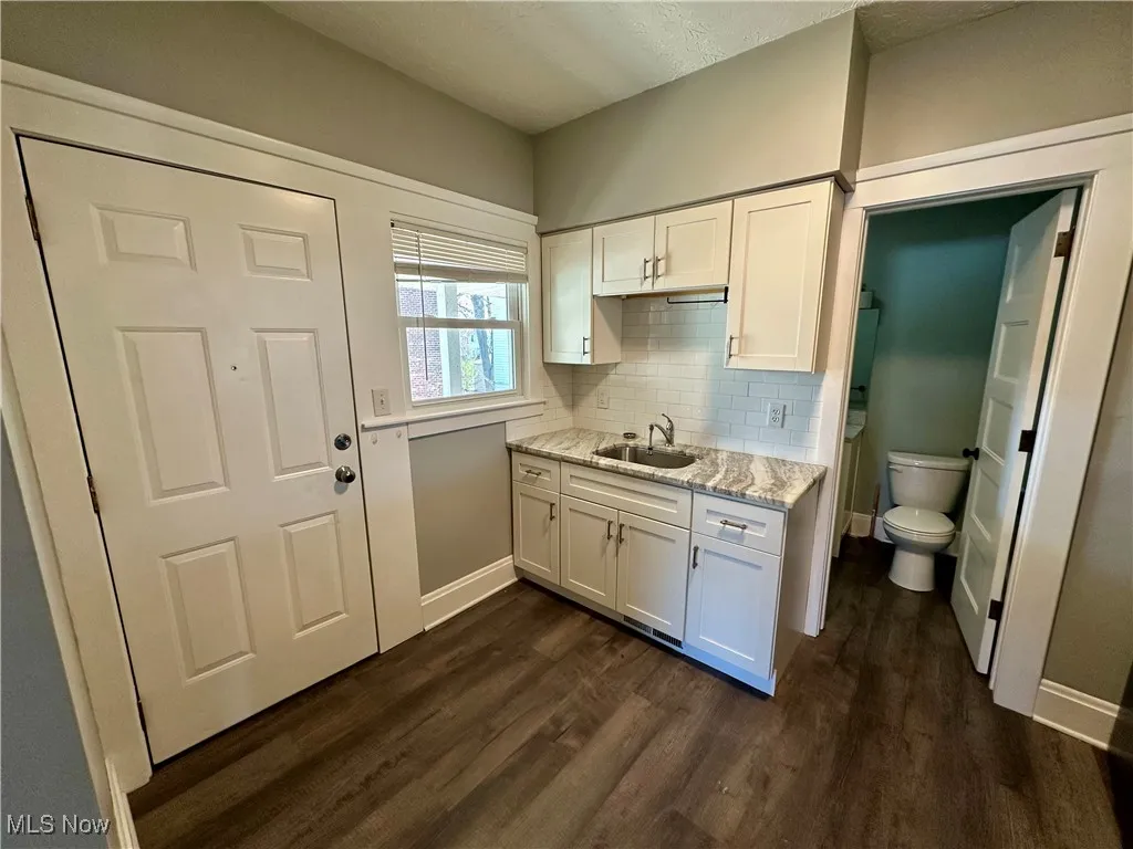 Kitchen featuring white cabinetry, dark wood-style flooring, light stone countertops, and backsplash