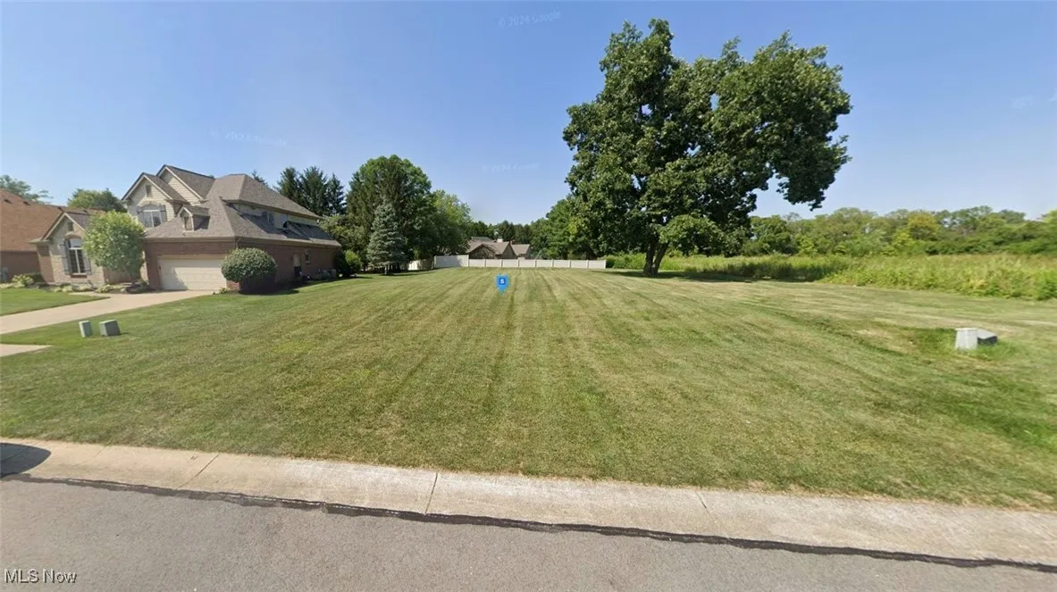 View of green lawn with a garage and concrete driveway