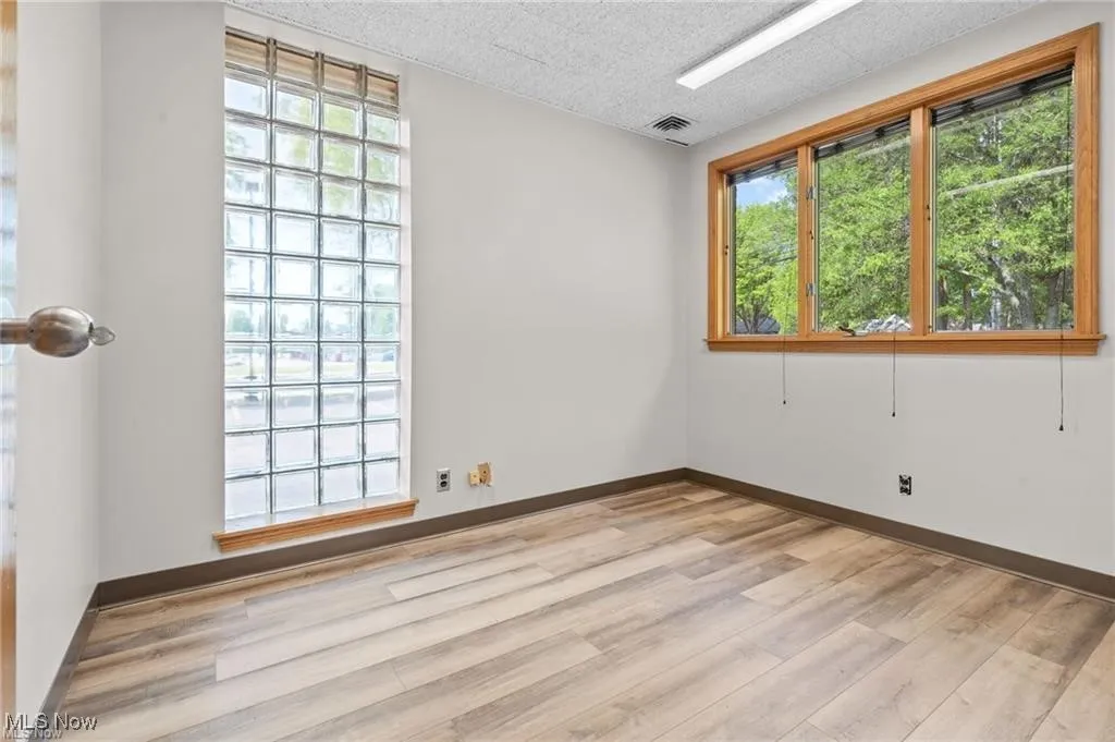 Spare room with plenty of natural light, light wood finished floors, and a textured ceiling