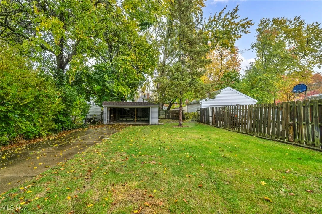 Fenced backyard with view of wooded area