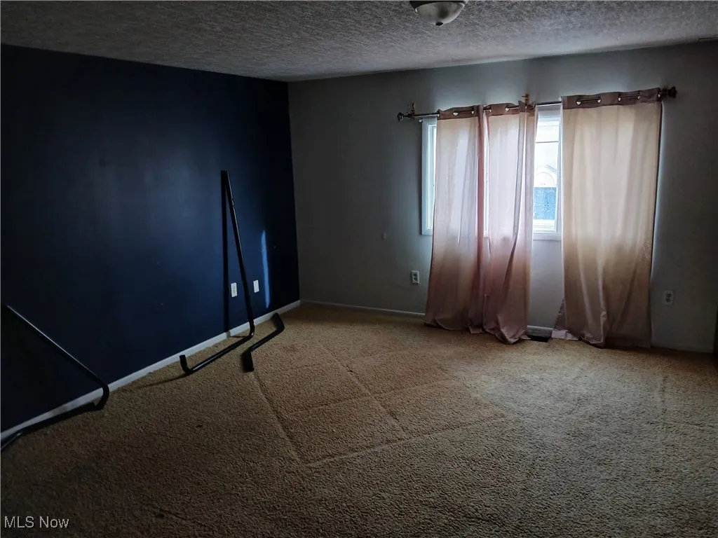 Carpeted spare room with a textured ceiling and baseboards