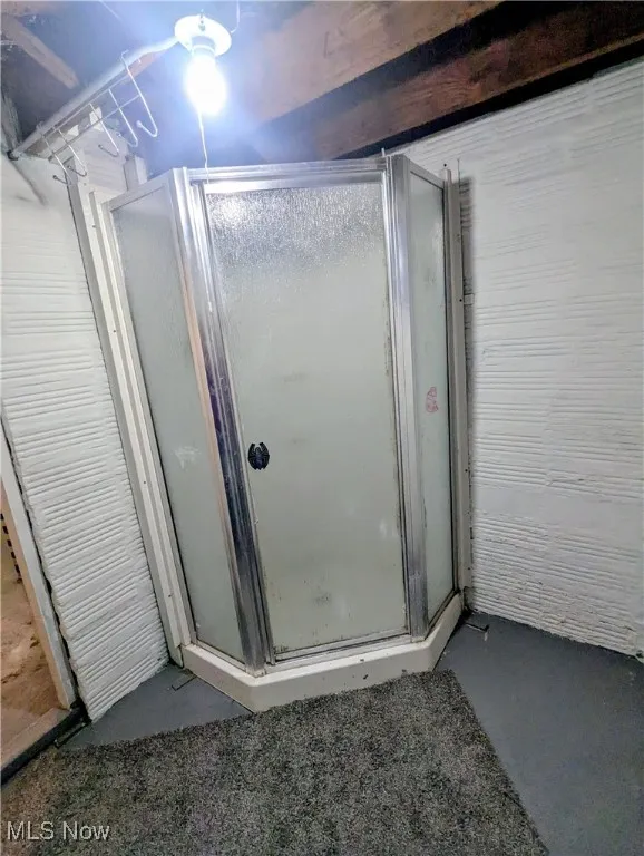 Basement bathroom featuring a stall shower