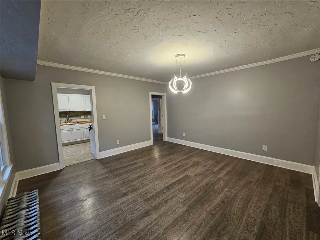 Empty room featuring crown molding, dark wood-style flooring, and a textured ceiling