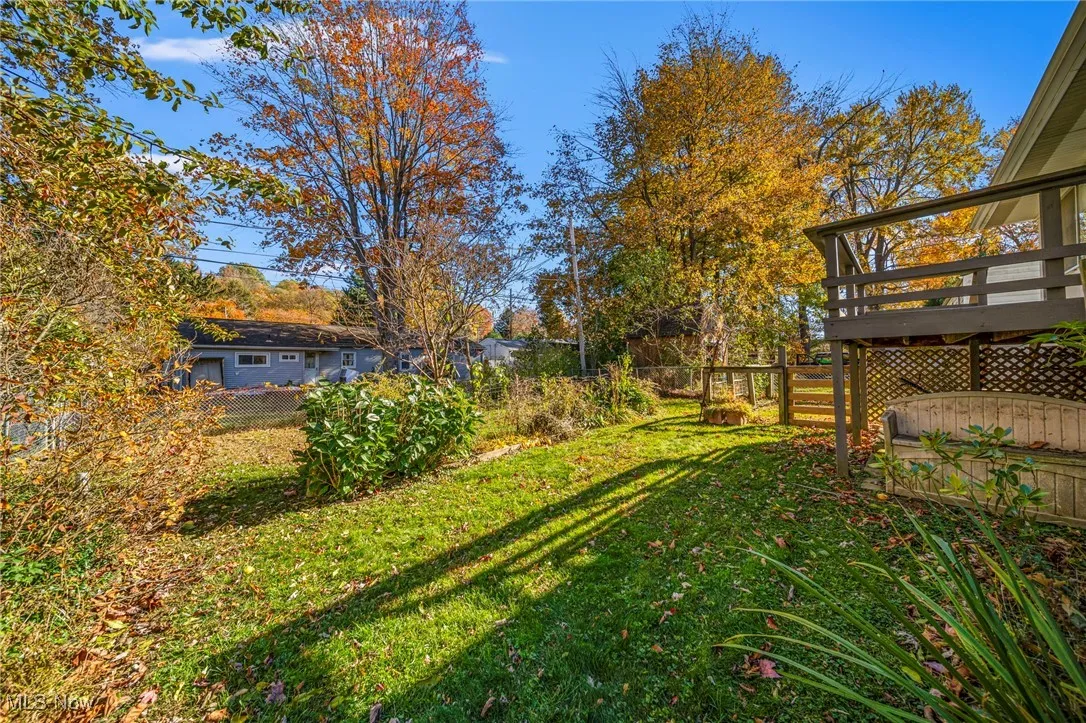 Fenced backyard with a wooden deck