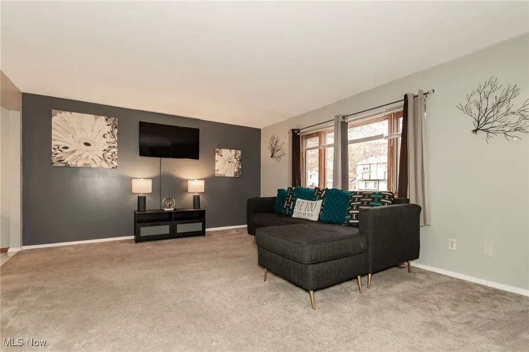 Carpeted living area with baseboards