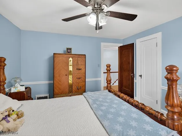 Bedroom with a ceiling fan and a closet