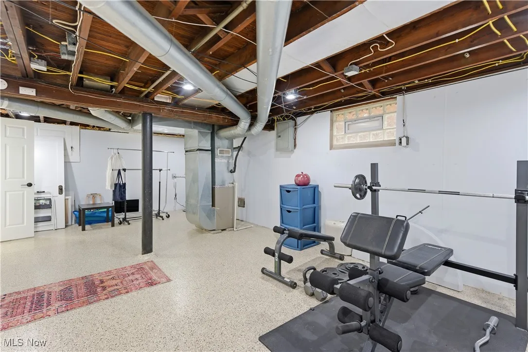 Exercise room featuring electric panel and heating unit