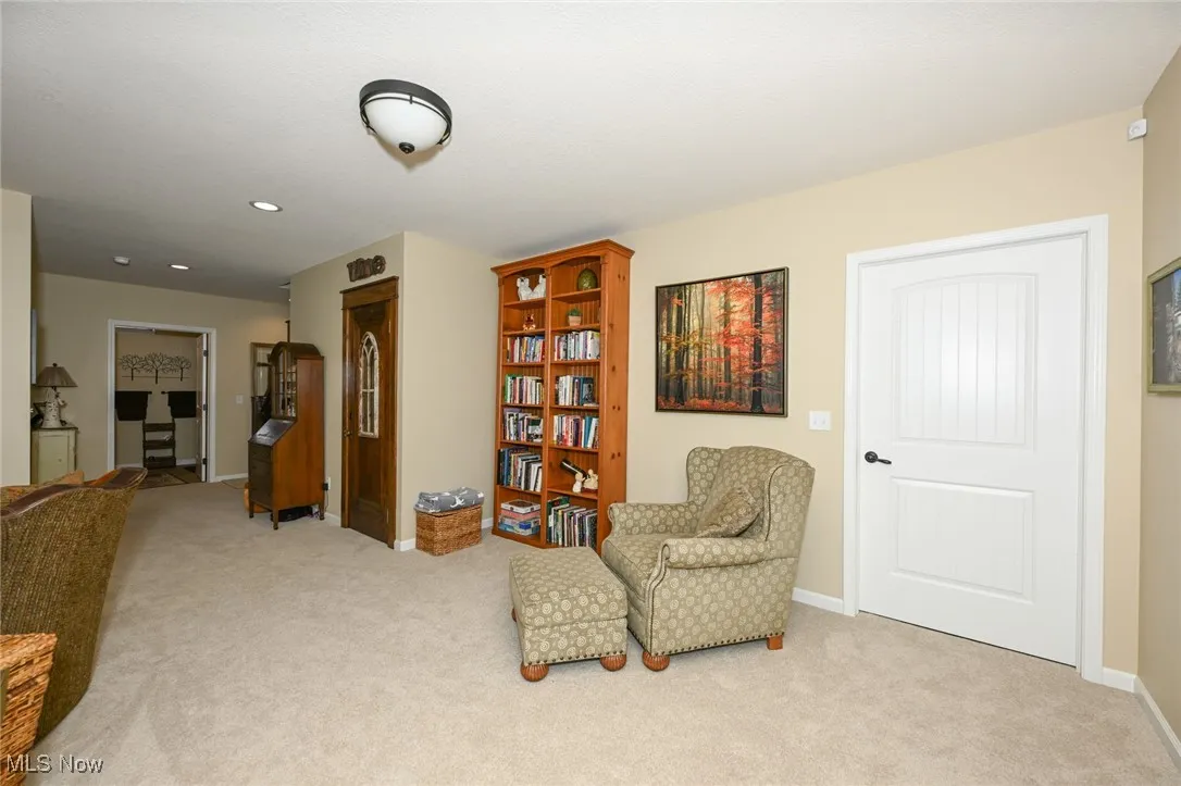 Living area with light colored carpet and recessed lighting