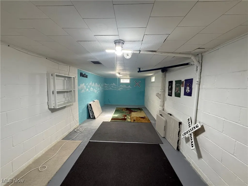 Finished below grade area featuring concrete block wall