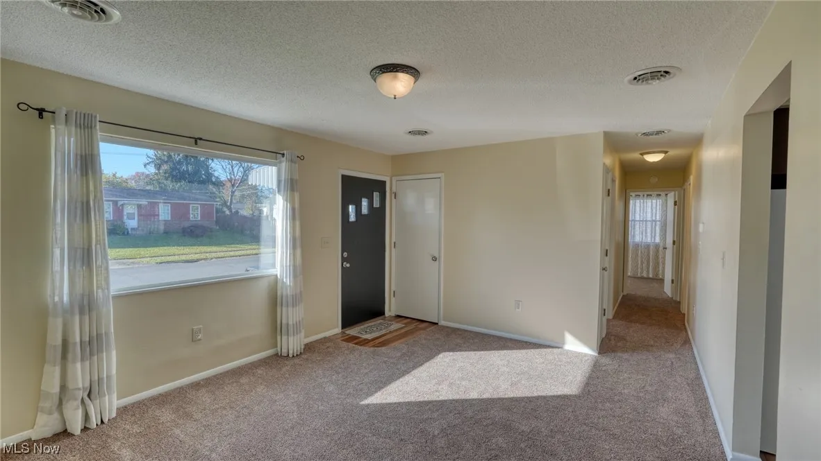 Foyer entrance with carpet flooring and a textured ceiling