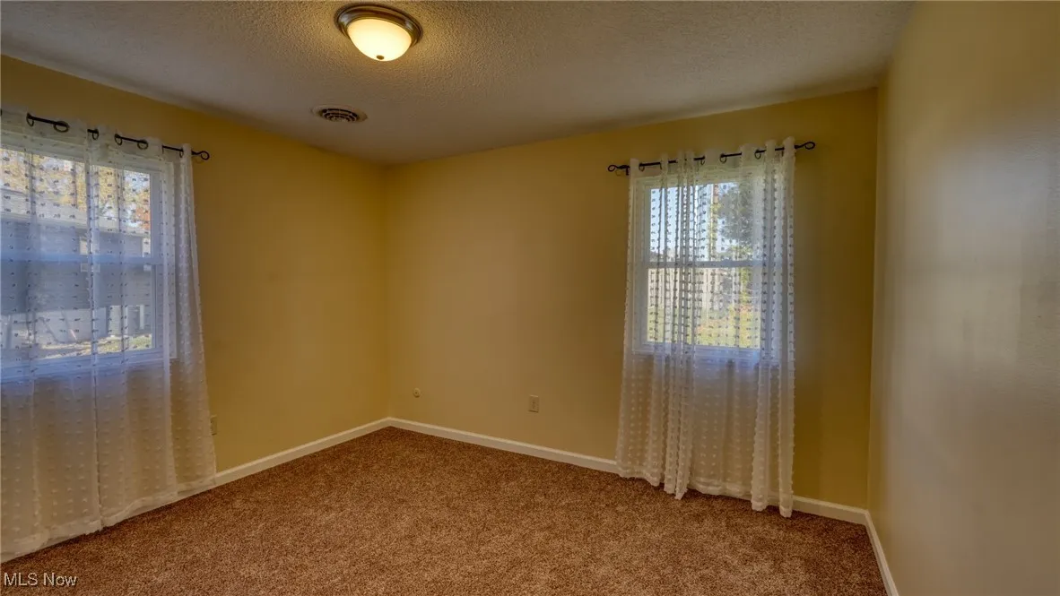 Carpeted empty room with a textured ceiling and healthy amount of natural light