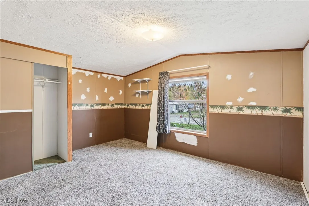 Unfurnished bedroom featuring carpet, a closet, vaulted ceiling, a textured ceiling, and wainscoting