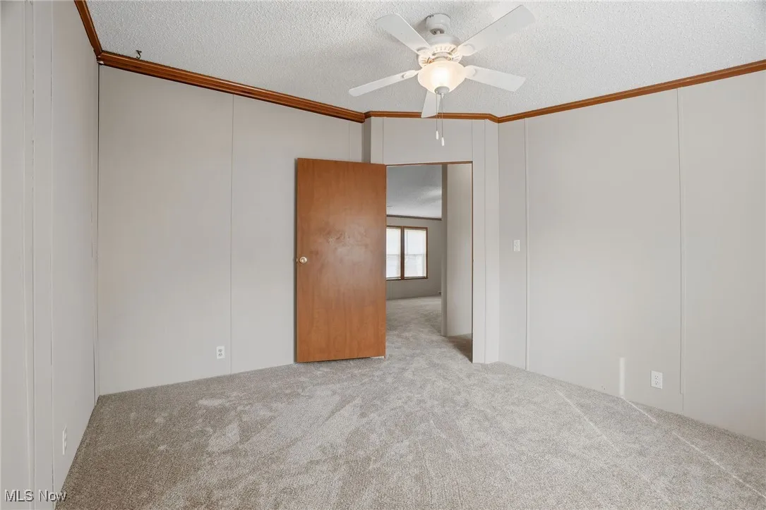 Spare room with ornamental molding, a textured ceiling, carpet floors, a decorative wall, and a ceiling fan
