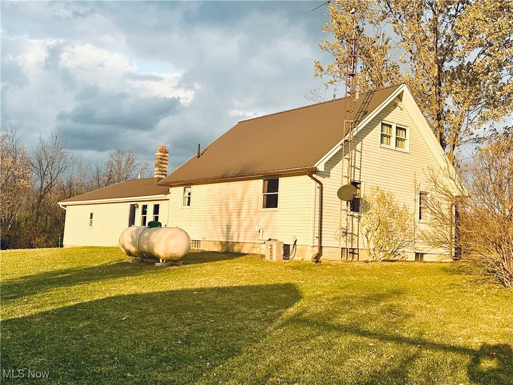 Rear view of house featuring a yard, a chimney, and a metal roof