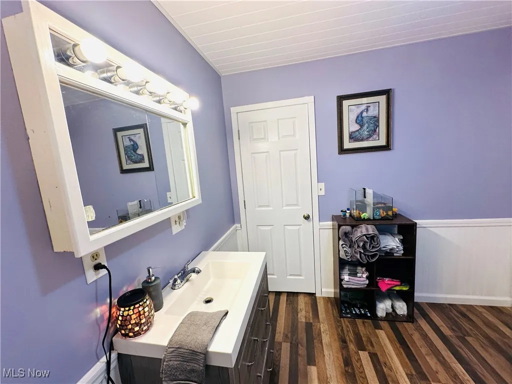 Bathroom with vanity, dark wood-style flooring, and wainscoting