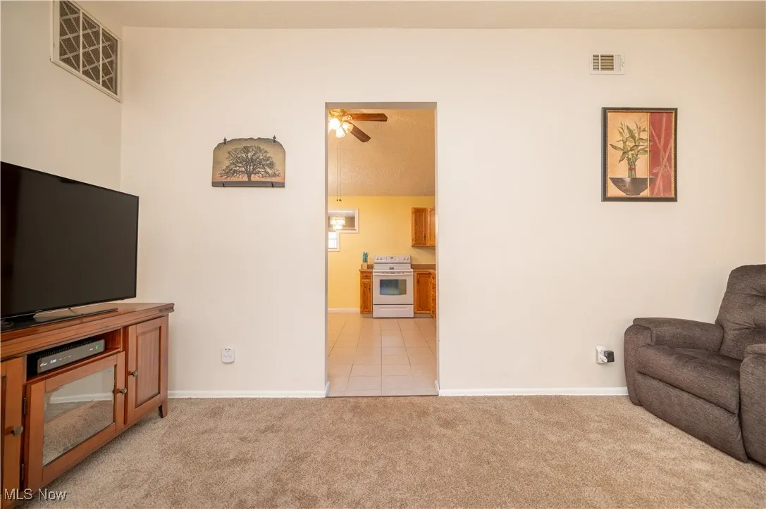 View of kitchen through living area with brand new carpet