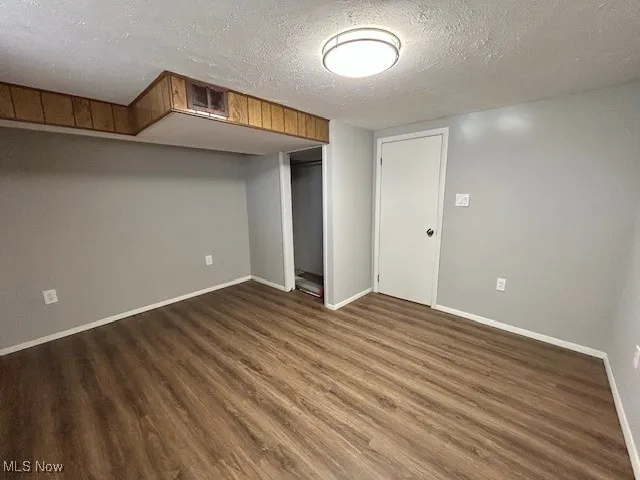Finished below grade area featuring a textured ceiling and dark wood-style flooring