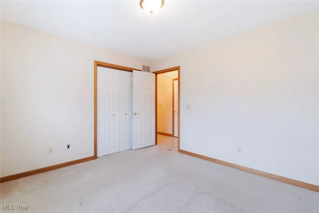 Unfurnished bedroom with light colored carpet and a closet