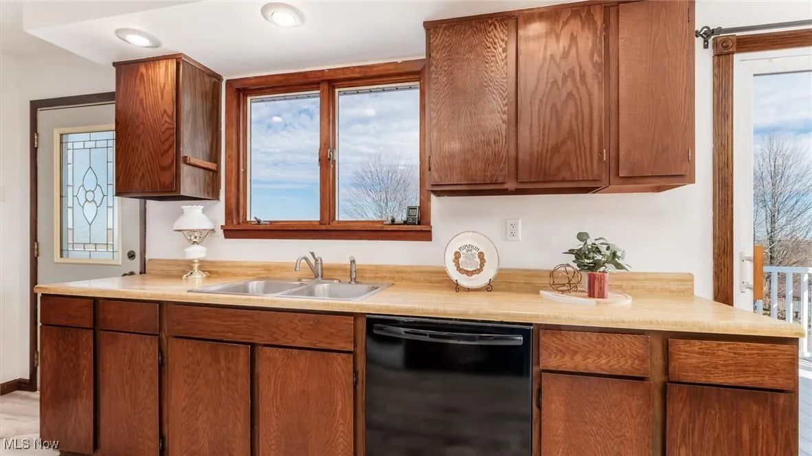 Kitchen with light wood finished floors, dishwasher, and light countertops