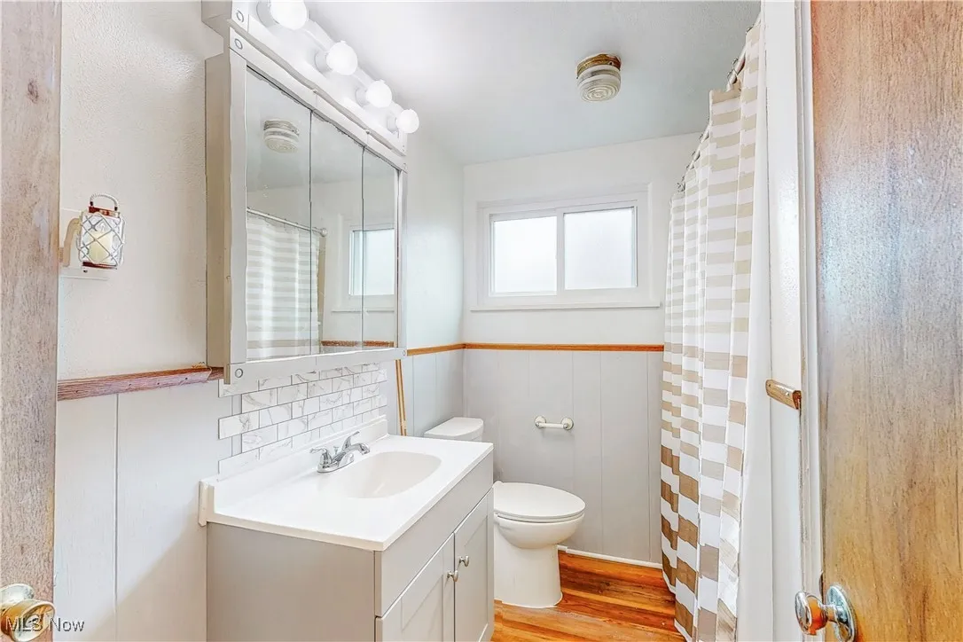 Full bathroom featuring light wood-type flooring, vanity, wainscoting, and a shower with shower curtain