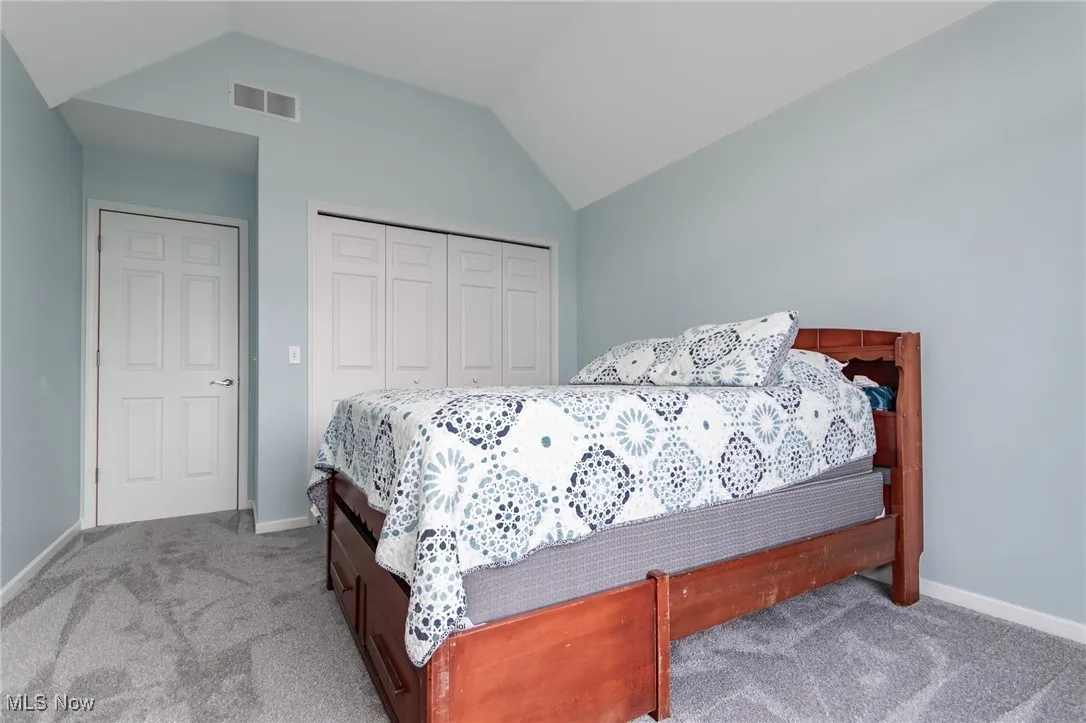 Bedroom with vaulted ceiling, light carpet, and a closet