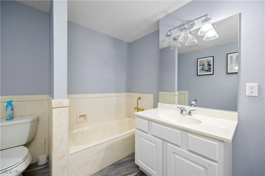 Master bathroom with a bath and vanity