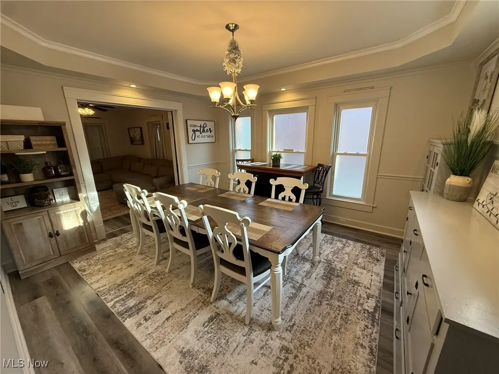 Dining room featuring crown molding, dark wood finished floors, a raised ceiling, a ceiling fan, and a chandelier