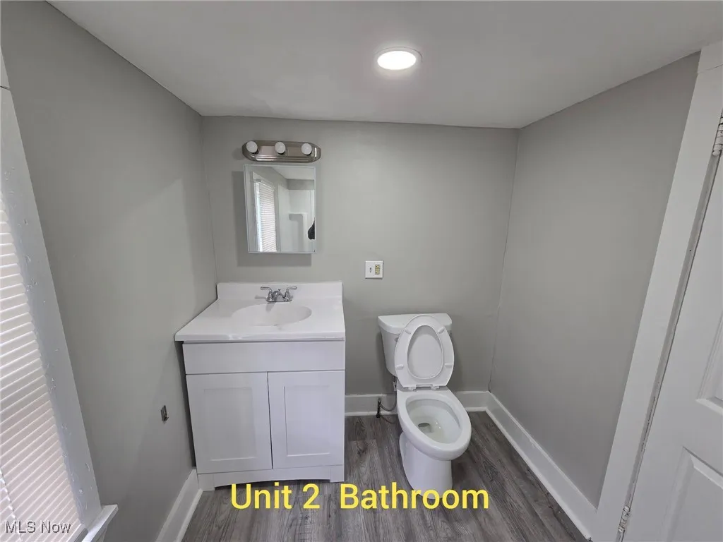 Bathroom with vanity and dark wood-type flooring