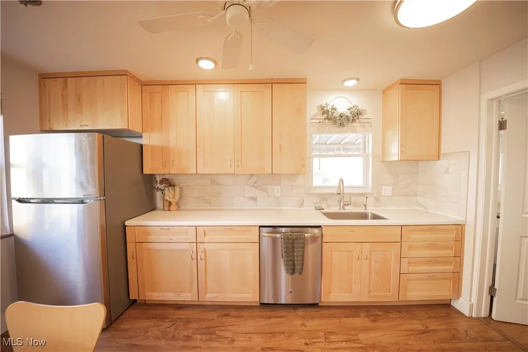 Kitchen with light brown cabinetry, stainless steel appliances, and decorative backsplash