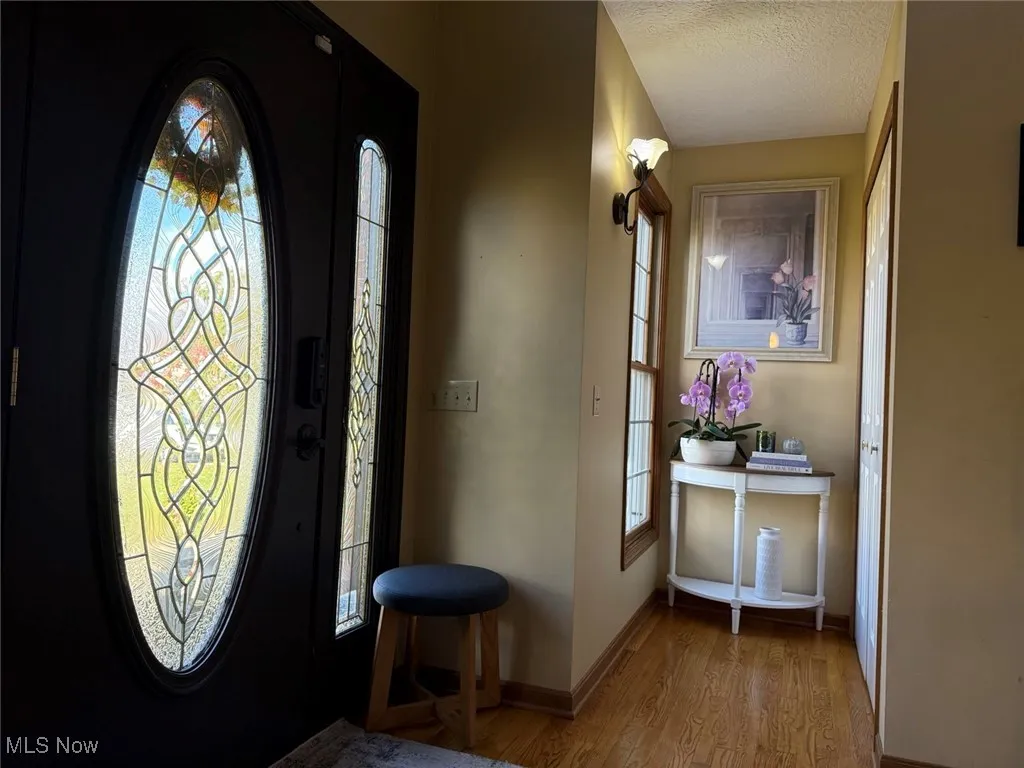 Entryway featuring wood finished floors and a textured ceiling