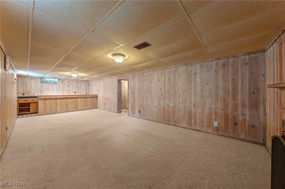 Below grade area with a paneled ceiling, light colored carpet, and wood walls