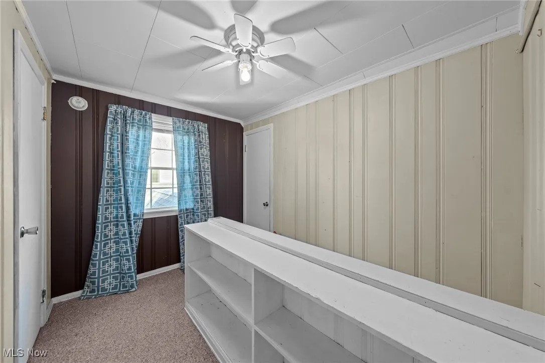 Hallway featuring light carpet, ornamental molding, and wooden walls