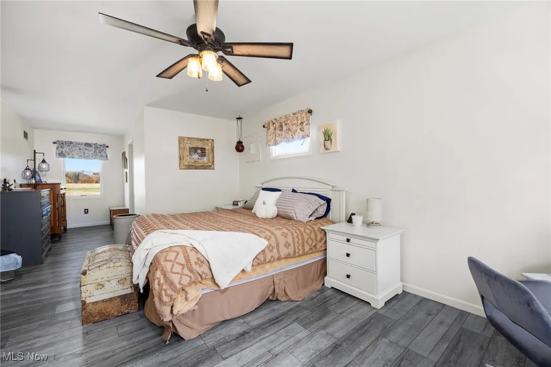 Bedroom featuring multiple windows, dark wood-style floors, and a ceiling fan