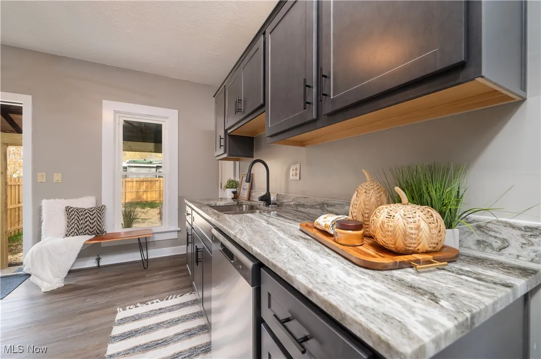 Bar with light stone counters, dark wood finished floors, dishwasher, and a textured ceiling