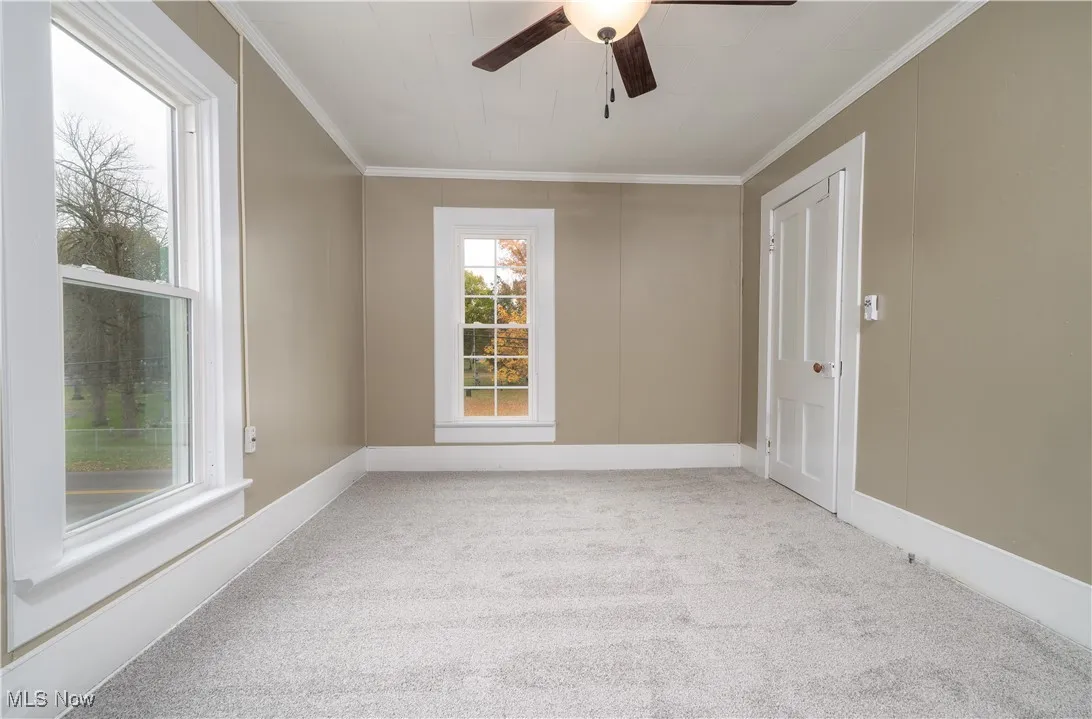 Unfurnished room with carpet flooring, ornamental molding, and a ceiling fan