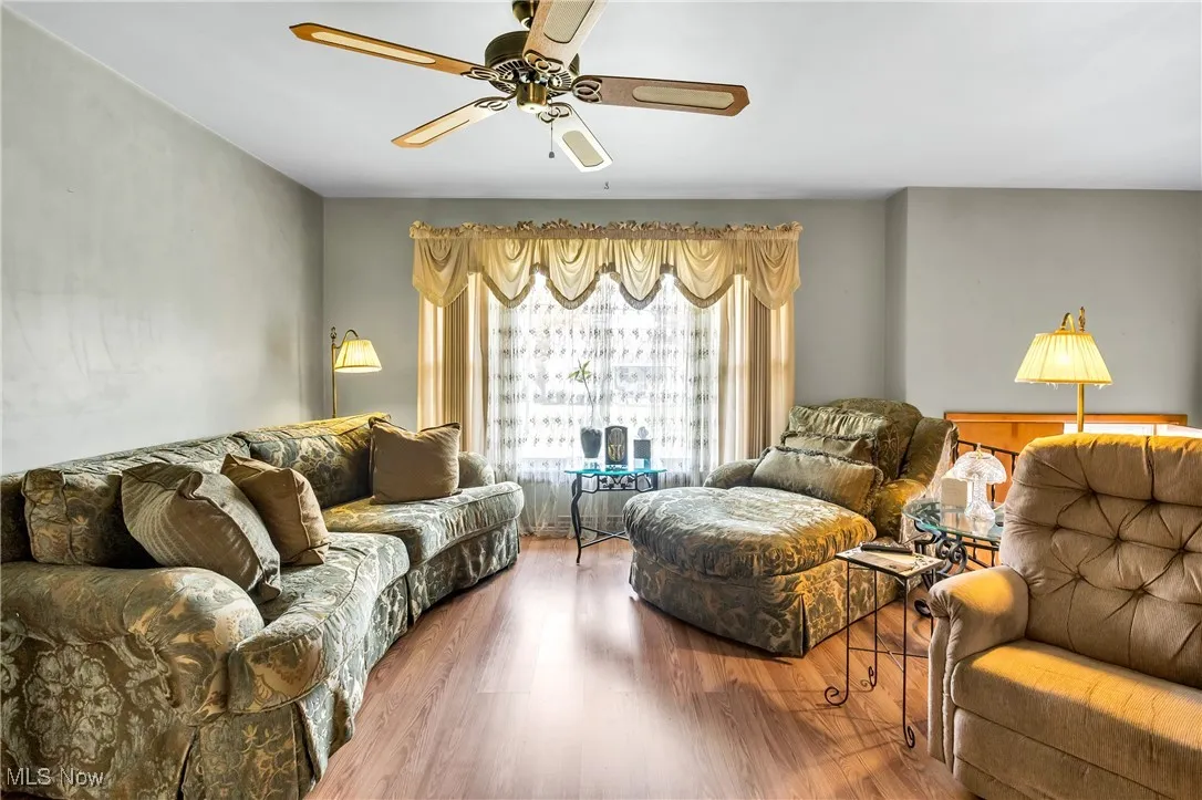 Living area with wood finished floors and a ceiling fan