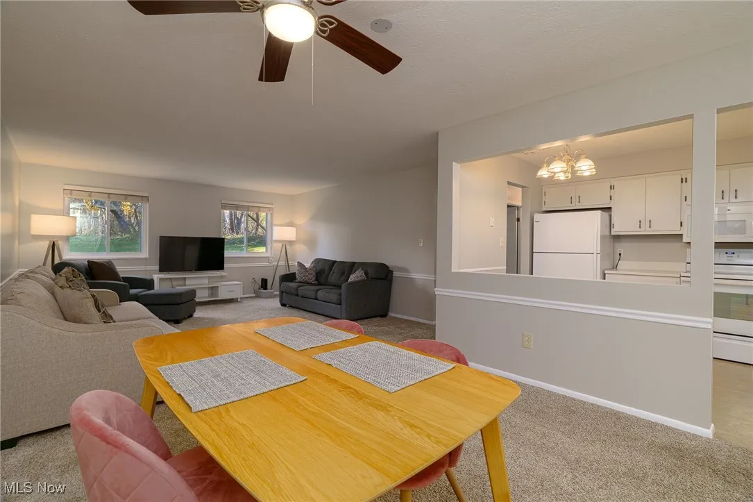 Dining room featuring light carpet, a chandelier, and a ceiling fan