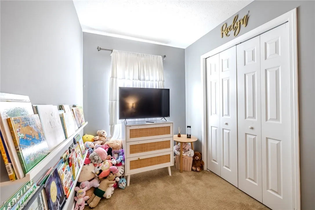 Game room featuring carpet and a textured ceiling
