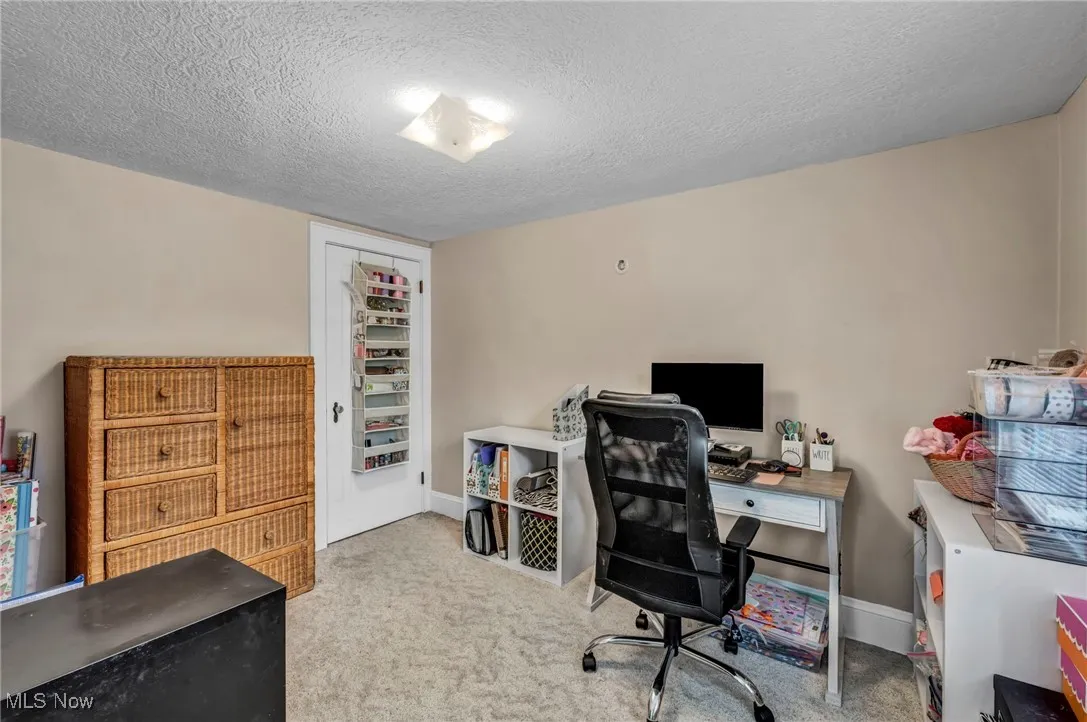 Home office featuring light colored carpet and a textured ceiling
