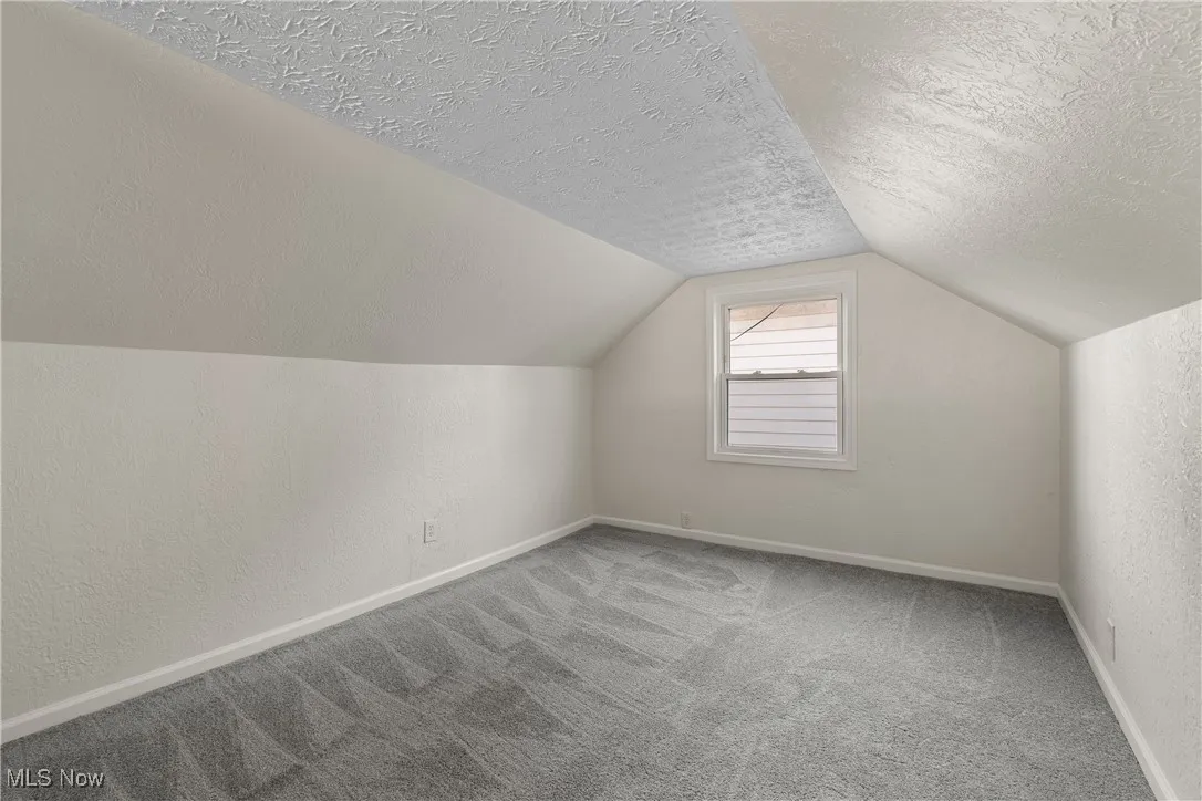 Additional living space with a textured wall, a textured ceiling, lofted ceiling, and carpet floors