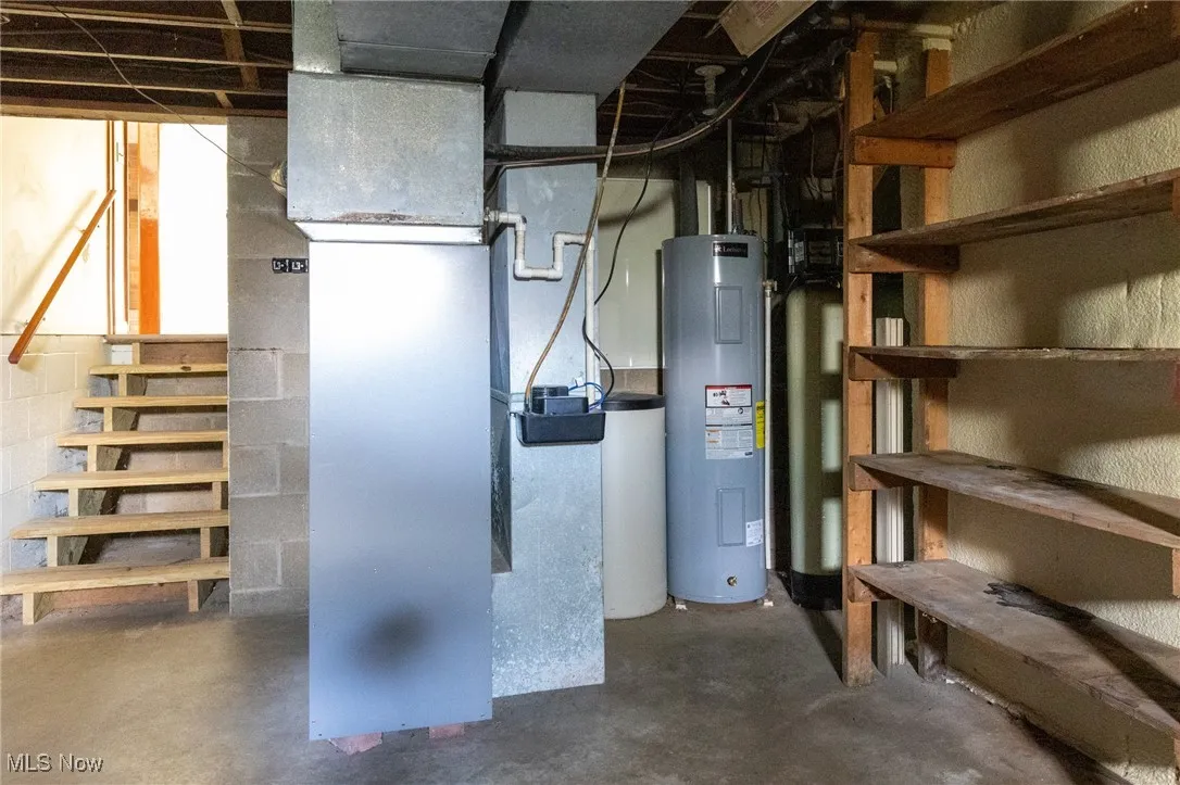 Basement with water heater and heating unit