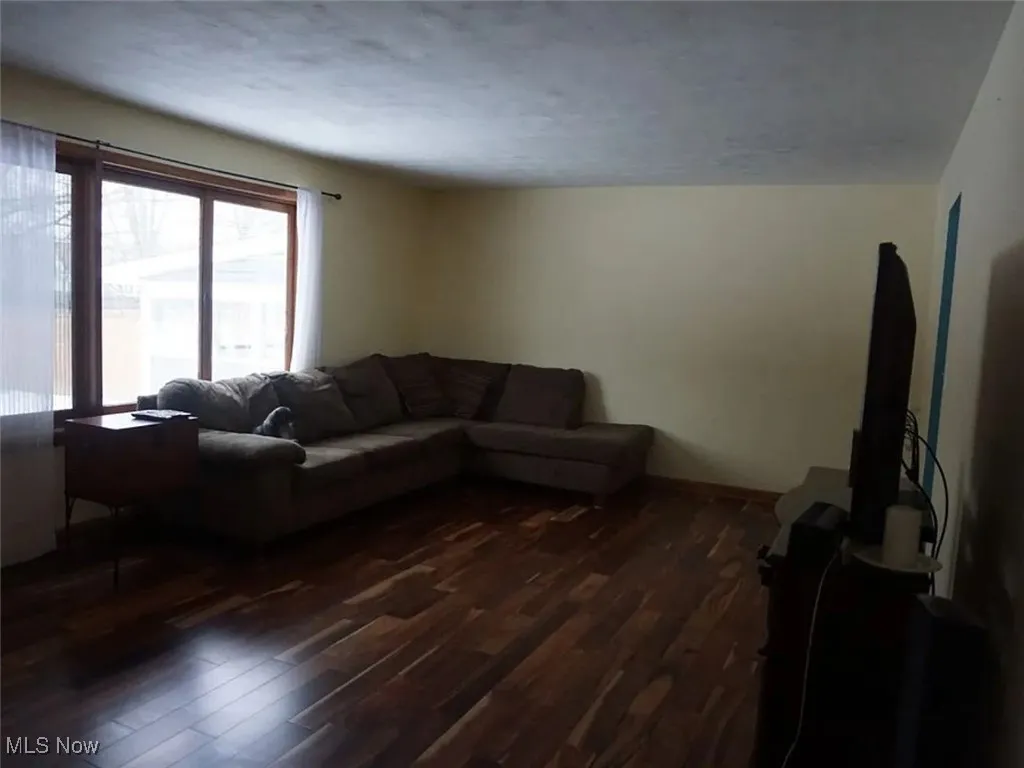 Living area with dark wood-style flooring and a textured ceiling
