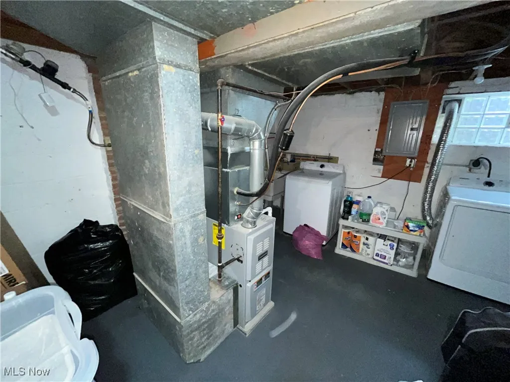 Utility room featuring washer / clothes dryer, heating unit, and electric panel