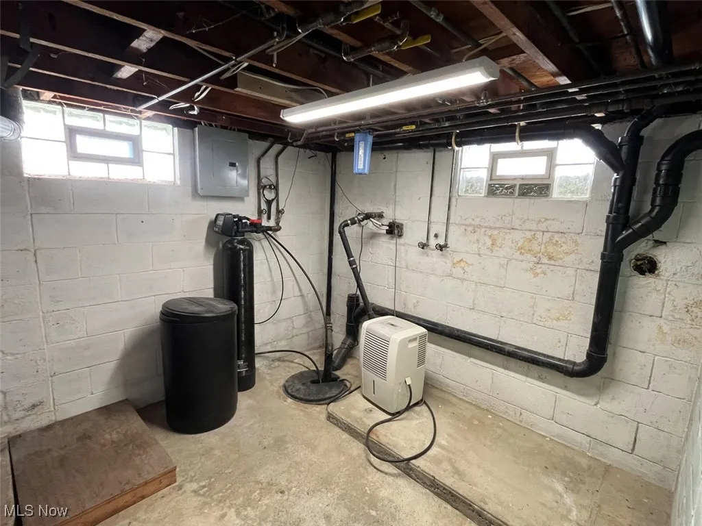 Below grade area featuring electric panel and a water softener system
