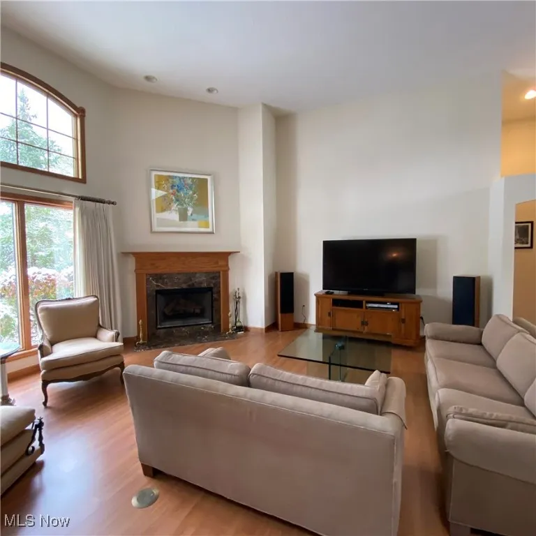 Living room with a premium fireplace, recessed lighting, and light wood-style floors