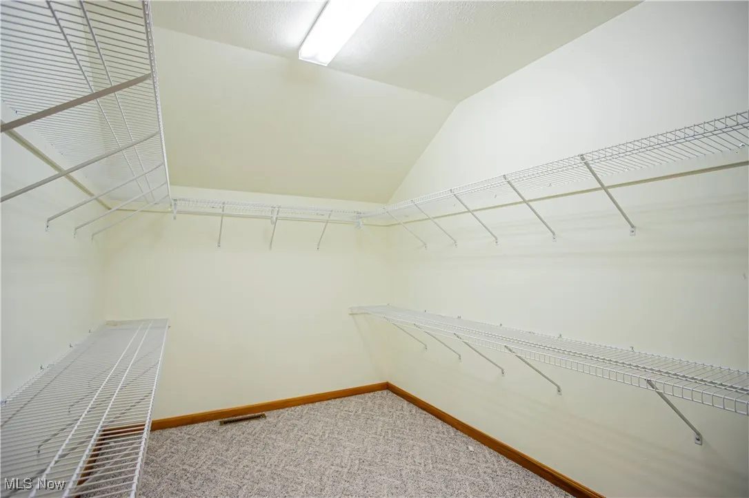 Walk in closet featuring light colored carpet and vaulted ceiling