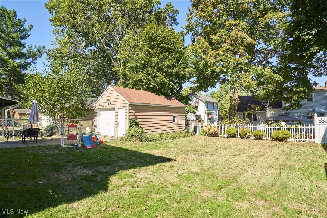 Fenced backyard featuring a garage, an outbuilding, and a patio​​‌​​​​‌​​‌‌​‌‌​​​‌‌​‌​‌​‌​​​‌​​ area